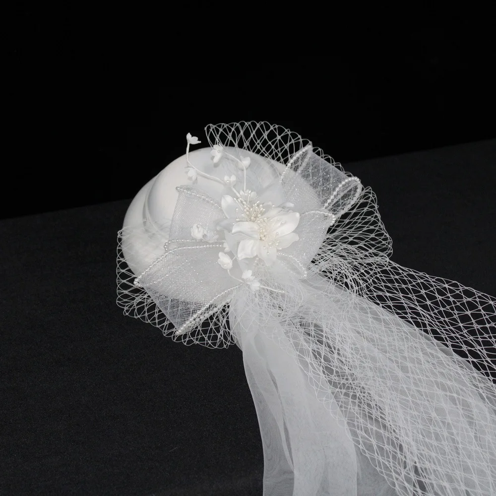 wholesale fashion Women white satin flowers beret mesh veil pillbox hat Kentucky Derby bride hats church wedding new arrival