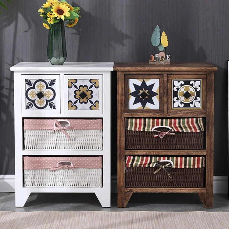 wholesale plastic rattan basket storage cabinets wooden living room chest of drawers