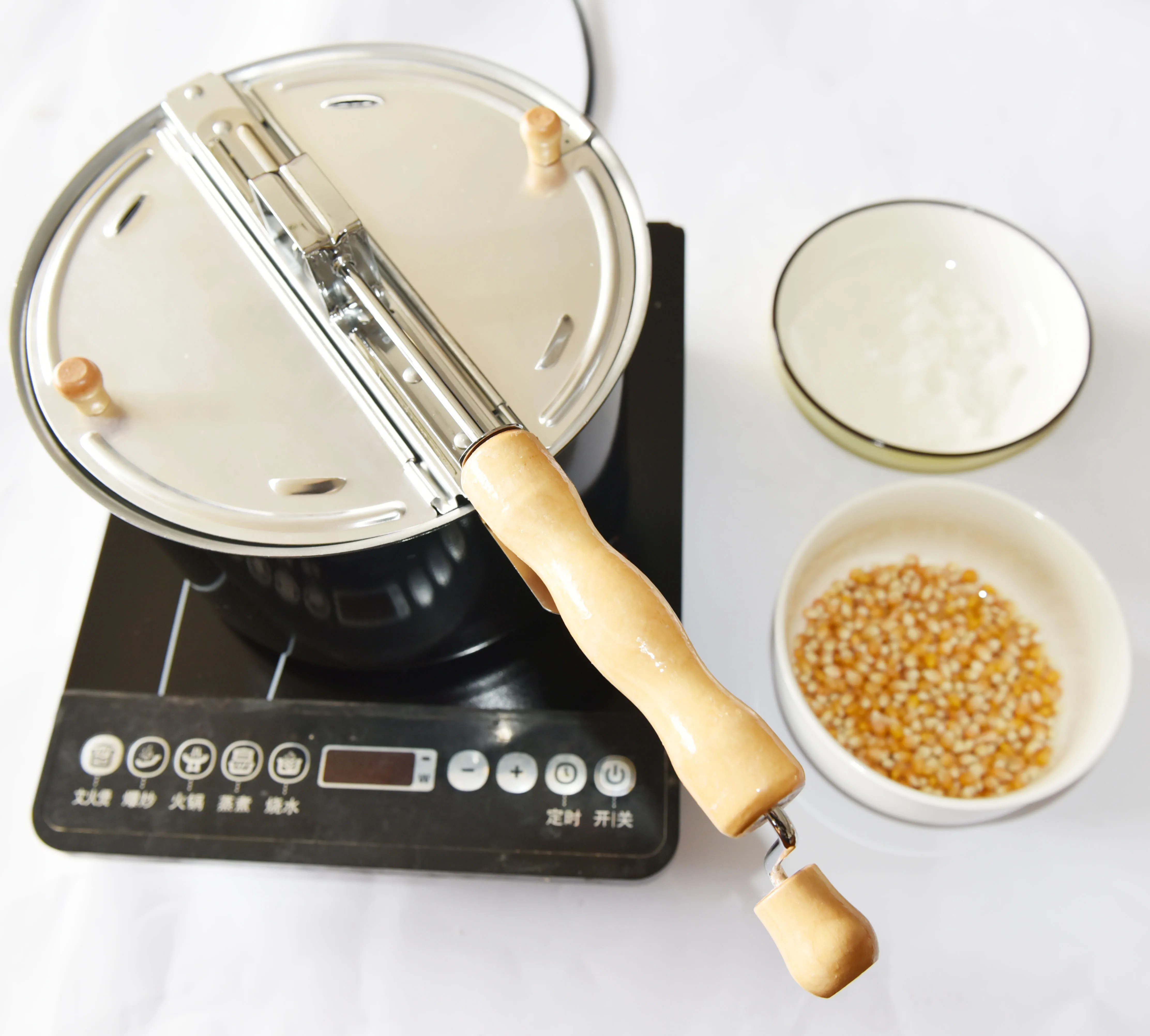  Stovetop Popcorn Maker Pop Popper Hand Stirring Crank Cooker Kettle Removable Lid w/Wooden