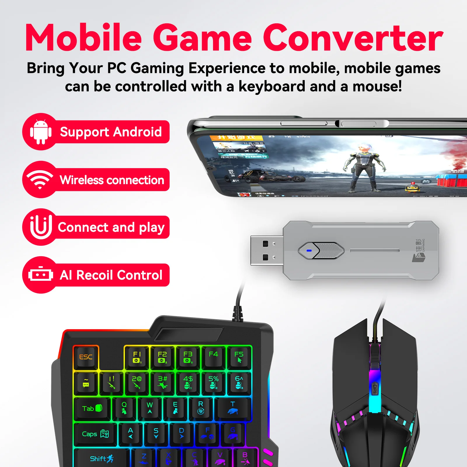 2024 New for  Android wireless bt connection usb adapter Keyboard Mouse sets For pubg Game
