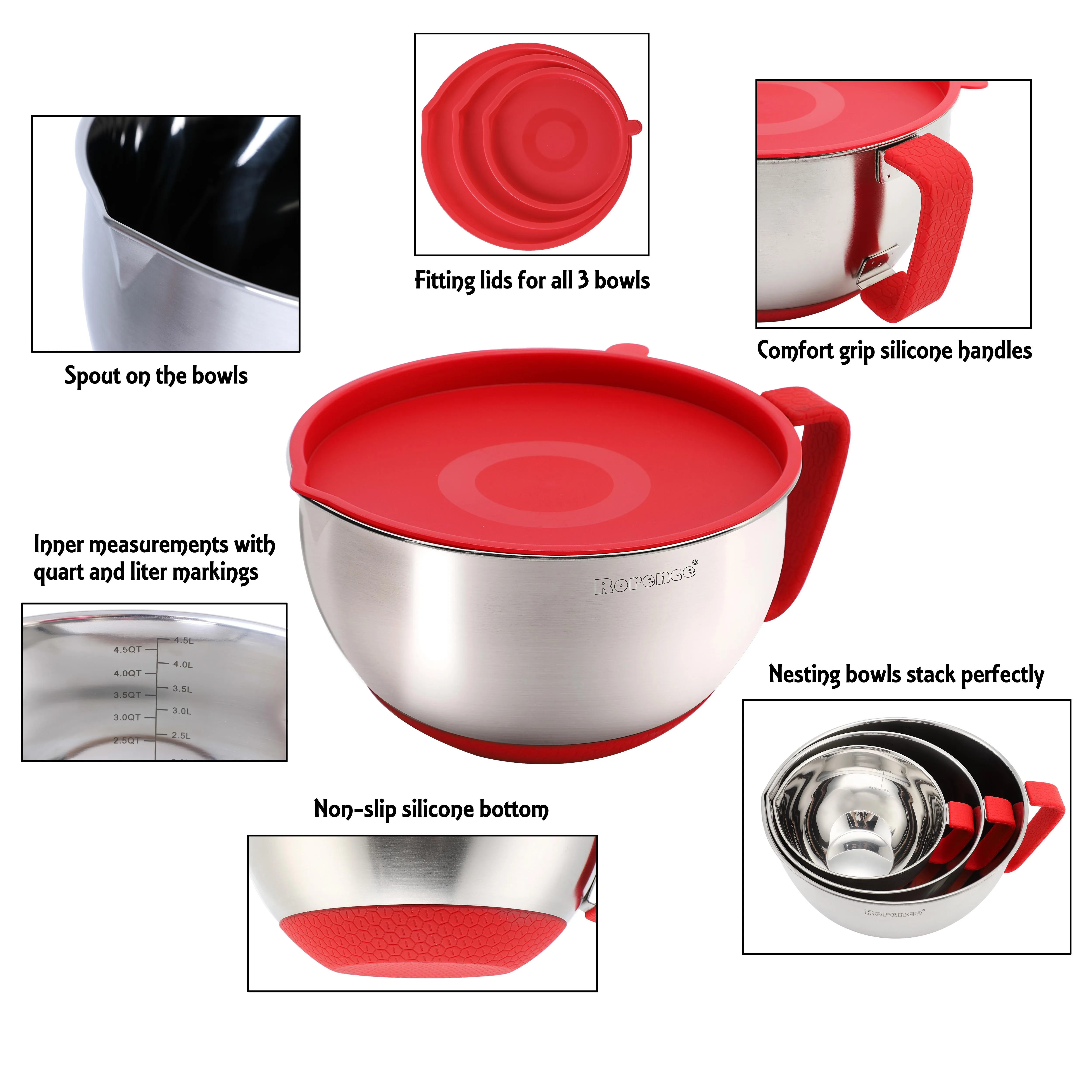 IN STOCK Rorence Kitchen Baking Non-Slip Mixing Bowl Food Container Stainless Steel Salad Mixing Bowls Set With Lids and Handle