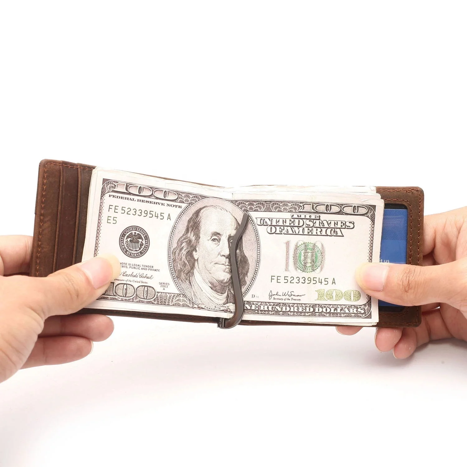 
Custom RFID Blocking Crazy Horse Leather Men Slim Money Clip Wallet 