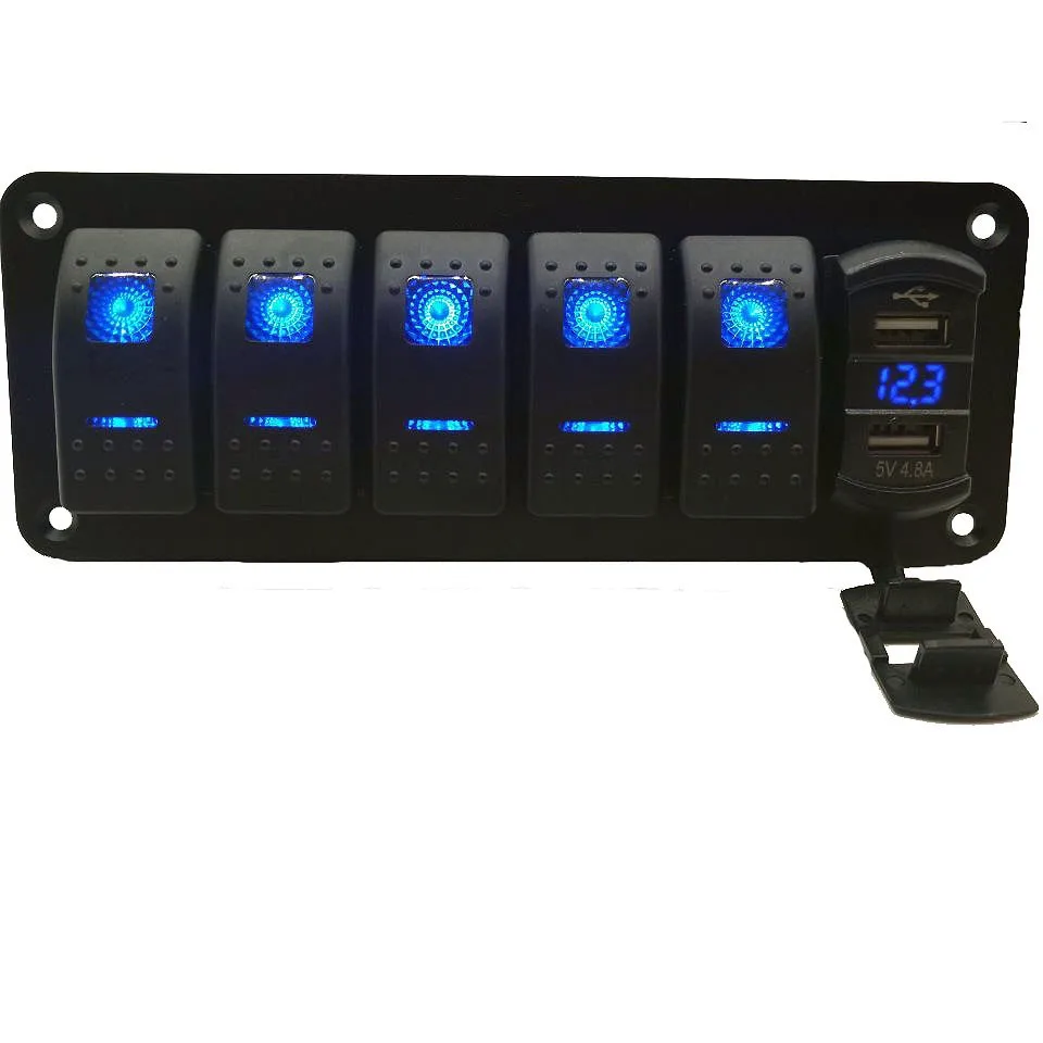 Waterproof 5 Gang Multifunction Aluminum 12V 24V Marine Toggle Rocker Switch Panel for Boat Motorhomes Yachts