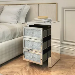 bedroom modern bedside mirrored nightstand silver MDF frame storage cabinet with 3 crystal diamond drawers