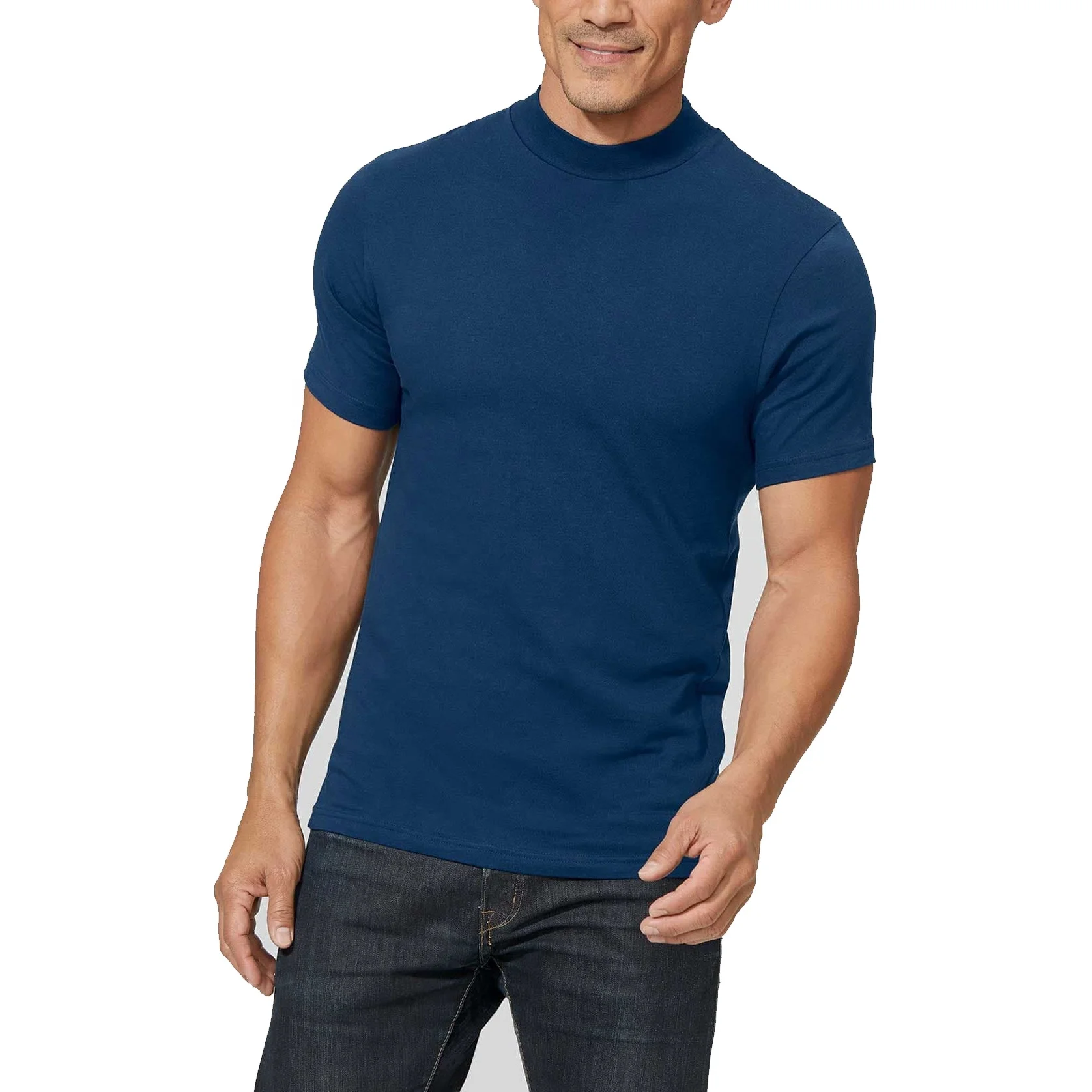 Heavy Weight Navy Color Custom Graphic Tee Shirts Combed Cotton Mock Neck Tshirts