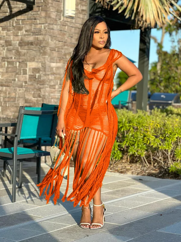 TS1253 New fashion sexy bikinis swim suit cover ups dress crochet beach wear cover up bathing suits for women tassel beach dress