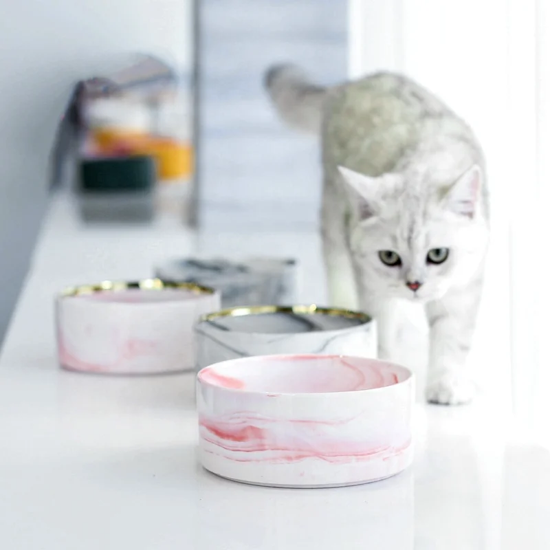 
Customized Pet Food Feeder Marble Creative Ceramics Food Water Portable Pet Bowl 