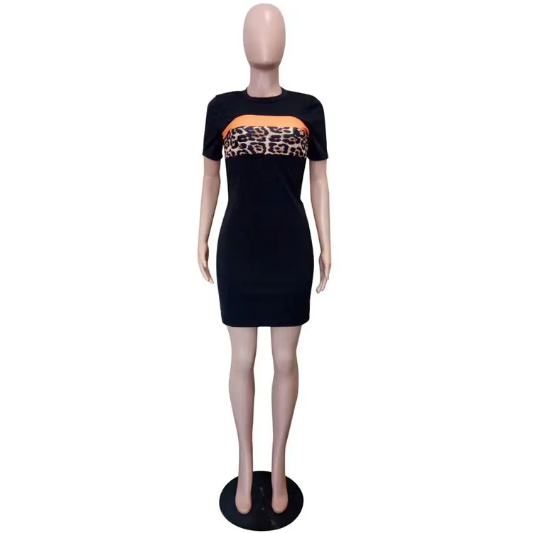
0819M372 Custom Ladies Round Neckline Short Sleeve Casual Leopard Contrast Color Patchwork Women Summer Short Mini T Shirt Dress 
