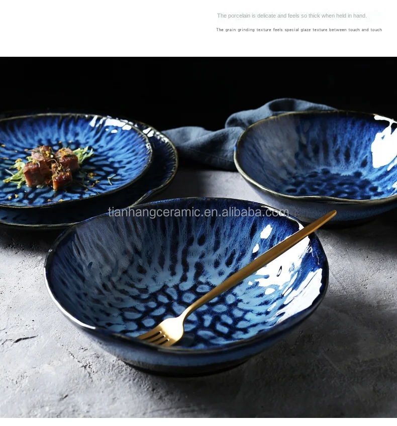 Nordic Modern Home tableware blue Glazed deep Plates Bowl Ceramic Dinnerware for hotel Restaurant porcelain Salad dessert bowls.jpg