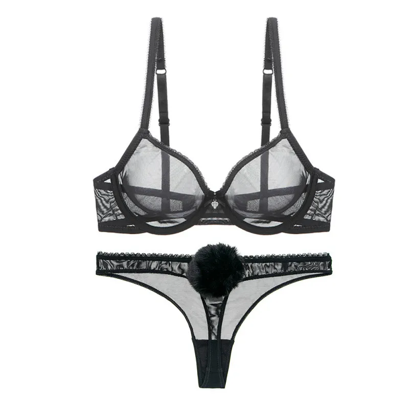 Ultra-thin Cup Mesh Lace Underwear Transparent Unlined Plus Size Bra Set Bow or Bunny Thong Panties Lingerie Wedding Underwear