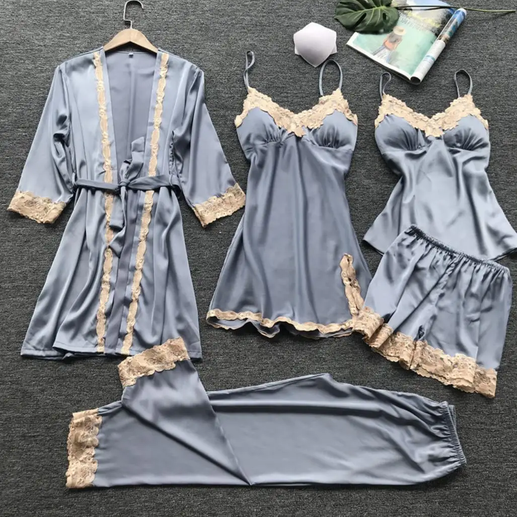 High Quality Satin Pajamas Short Strap Slip Long Sleeve Silk Home Loungewear Embroidery Lace Five-Piece Sleepwear Set for Women