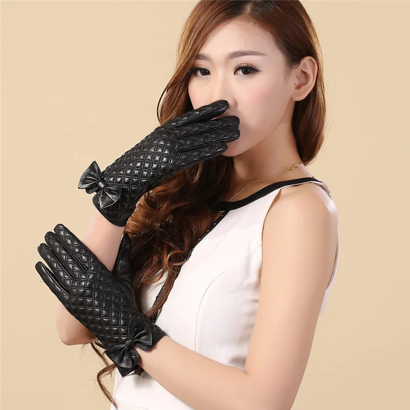 Fashion Twill Mesh Real Sheepskin Gloves Outdoor Windproof Leather Gloves Winter Driving Gloves Black Plain Comfortable