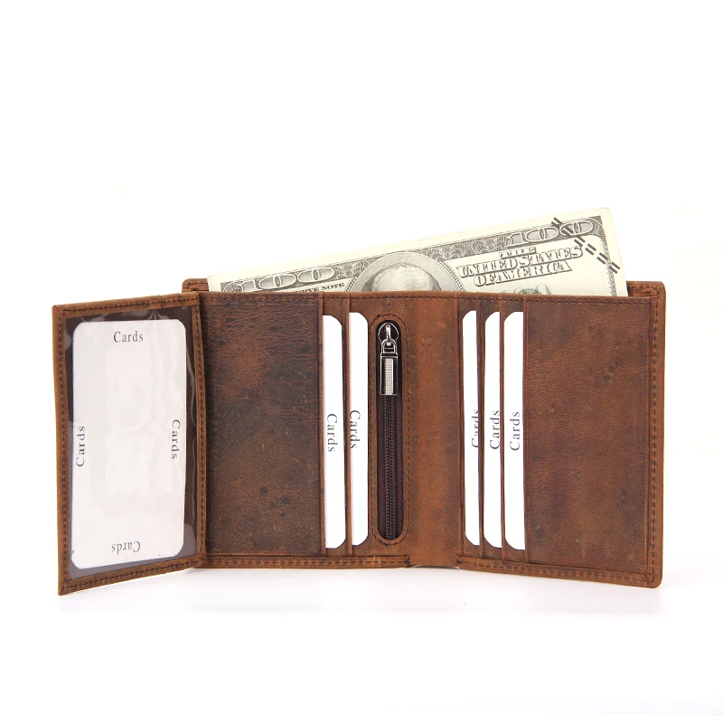 Custom Wallet Maker Mens Flip Side Wallet RFID Brown Crazy Horse Leather Wallet