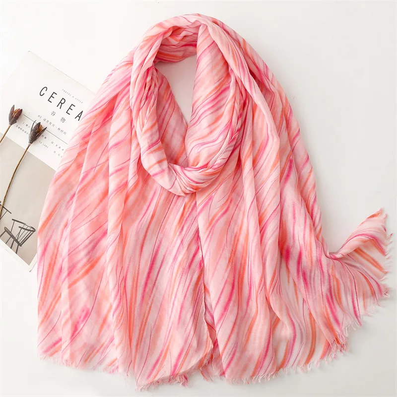 Spring Summer Bright Colors Soft Viscose Printed Shawls 180*90CM Muslim Women Vertical Striped Scarf Hijab Fashion Arabic Scarfs