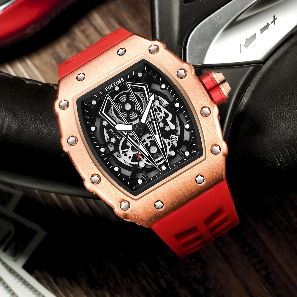 Pintime Luxury Unique Designers Wristwatches Silicone Band Tonneau Skeleton Sports Quartz Watches Men Wrist