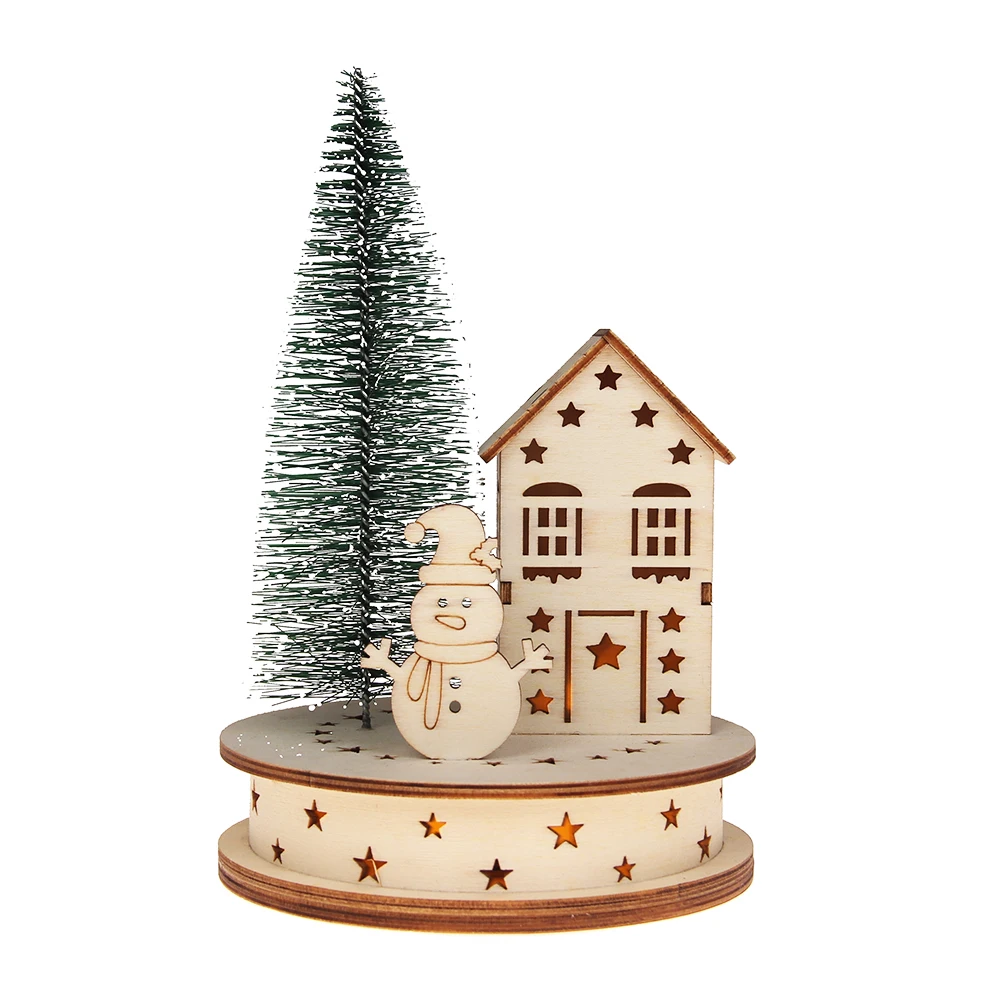Round base house christmas tree snowman led wooden wood christmas gift music box