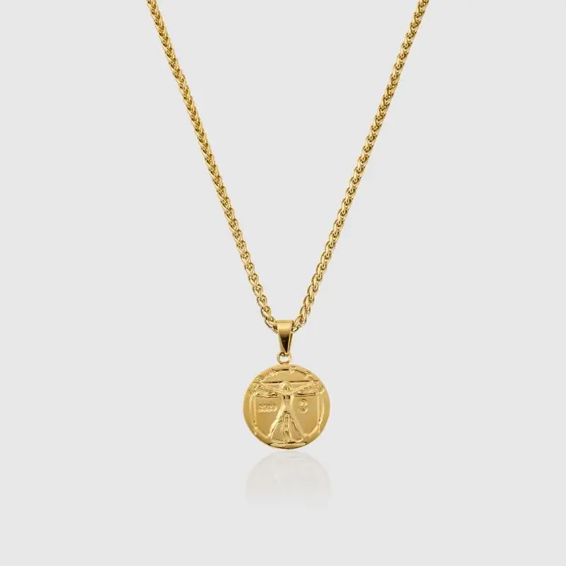 Stainless Steel Gold Jewelry Carved Zwilling Vitruvian Danity Golden Ratio Coin Jesus God Easter Necklace Pendant Men