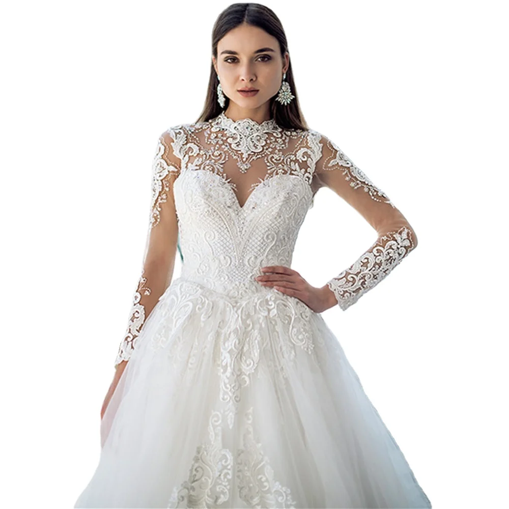 Long Sleeve Wedding Dresses Ball Gown Bridal Gown New Africa Wedding Gowns Lace Bridal Wedding Dress Vestido De Novia A258