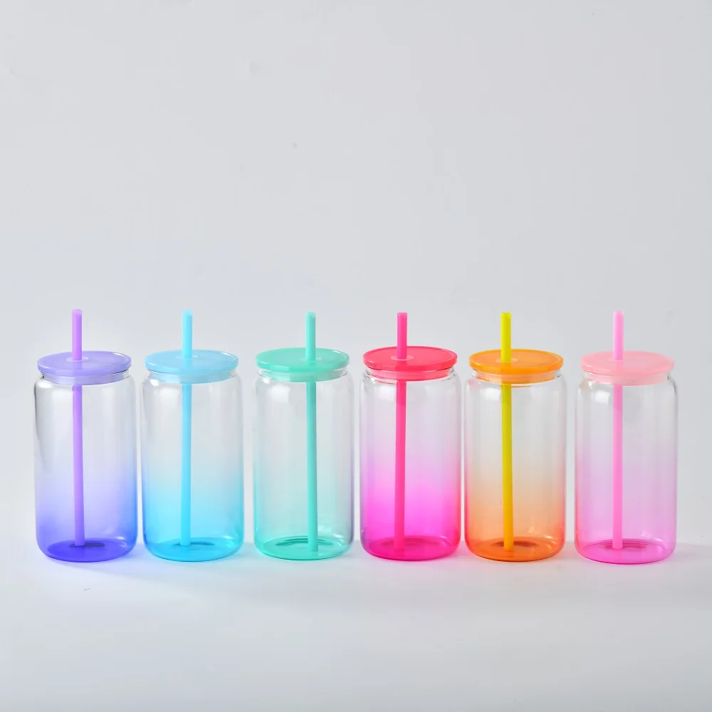 in stock Cool Drinking Cups 6 colors mixed ombre jelly colored 16 oz Can Shaped plastic Cups with colorful pp lids