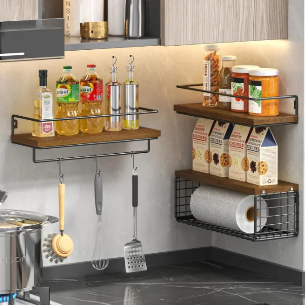 Multipurpose Towel Paper Shelves Bathroom Shelf Over Toilet  Wood Floating Shelves With Metal Frame