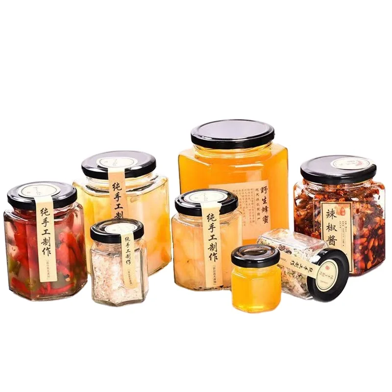Wholesale Jam Honey Container Cream Jar  45ml 60ml 85ml 100ml 180ml 280ml 380ml Canning Caviar Food Storage Hexagon Glass Jar