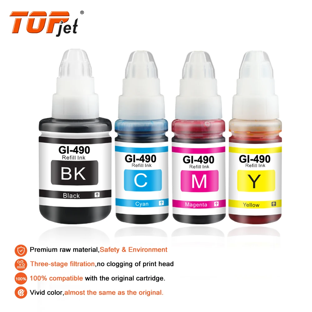 Topjet Premium GI-490 GI490 GI 490 Compatible Color Water Based Bottle Refill Ink For Canon Pixma G3411 G2410 G2411 Printer