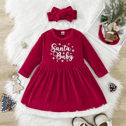 2022 New Arrivals Baby Girls Christmas Party Dress Kids Red Velvet Dress For Winter