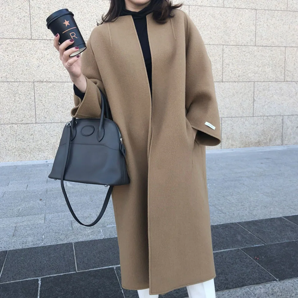 Wholesale 2022 Autumn and Winter New Style Literary Coat Temperament Coat Long Solid Color Fashion Temperament Straight Jacket