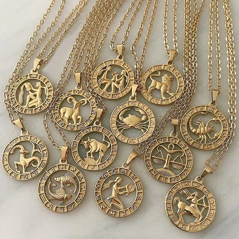 
Fashion Jewelry 12 Zodiac Image Sign Solid Golden Coin Pendant Necklace Chain Link Necklaces For Women 