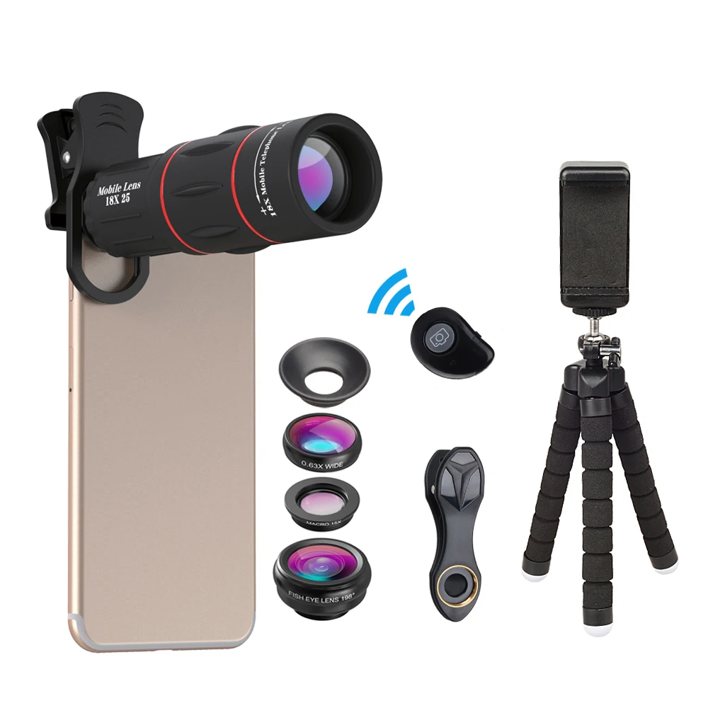 Multi-function telescope 18x wide angle fisheye macro Telephoto lens 5 in 1 Cell Phone Camera Lens Kit