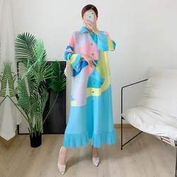 High Quality Miyake Pleated Print Shirt Dress Petal Fashion Casual European and American Women Plus Size Dress