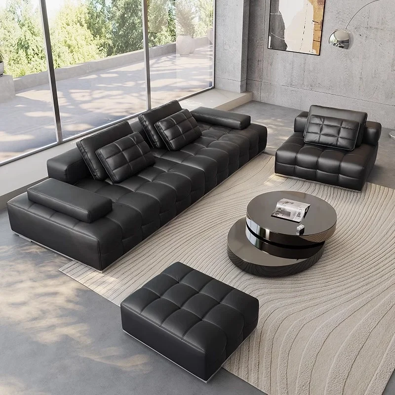 Italian Contemporary Home Luxury Couch Modern Black Genuine Leather Comfy Living Room Sofa Set Design