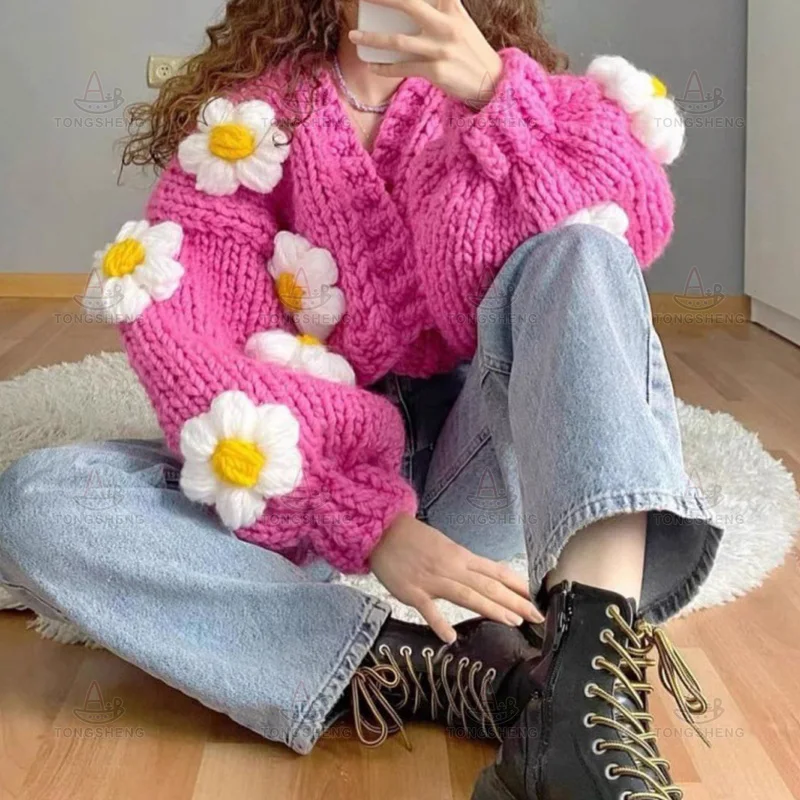 Spring And Autumn Hand Made Oversize Cropped Cardigan Crochet Chunky Knit Colorful Flower Cardigan Sweater For Women