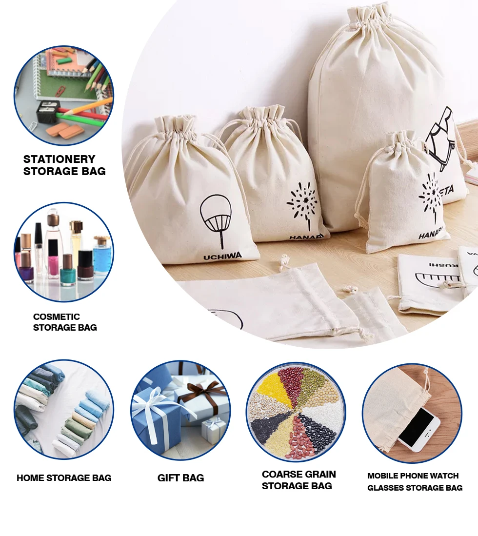 Muslin Calico Canvas Small Custom Cloth Drawstring Organic Cotton Drawstring Bags