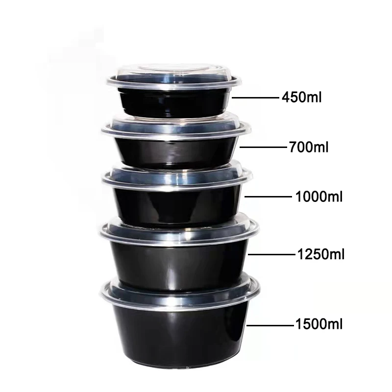 Large Capacity Disposable Food Container 1500ml 1000ml Microvavable Plastic Salad Bowl Black Dome Lid Lunch Box Wholesale Option