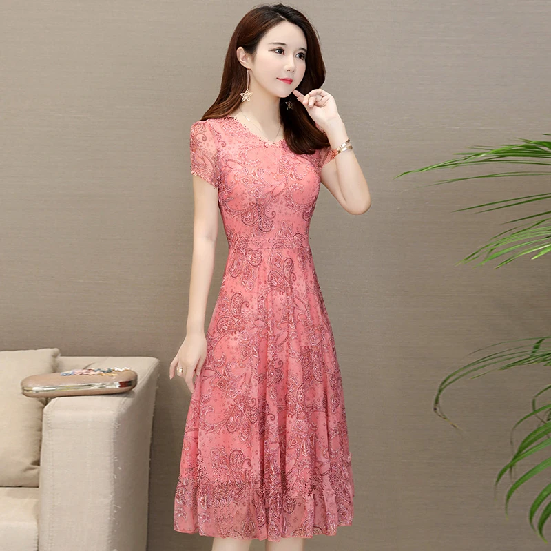 
New dress female large size mesh dress cheongsam type mother casual dress in the long paragraph big pendulum A word skirt 