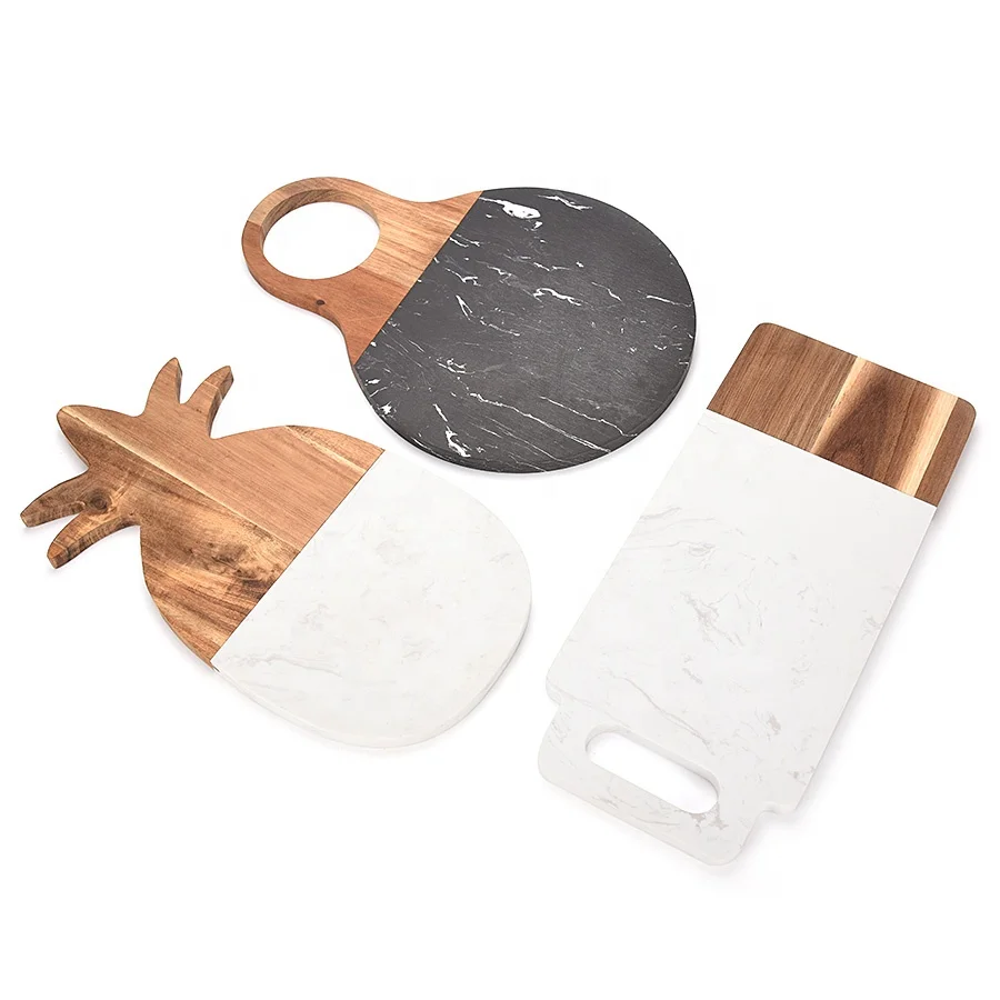 Wholesale Charcuterie Cheese Chopping Serving Tray White Marble And Acacia Wood Cutting Board