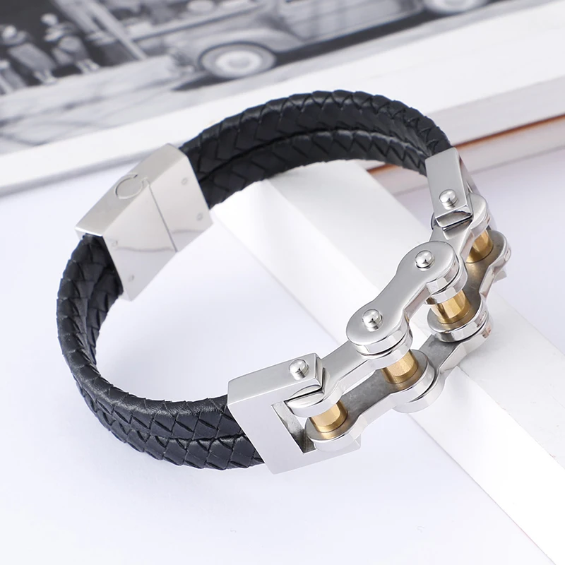 KALEN Bike Chain Men Bicycle Motorcycle Mens Braided Leather Bracelet