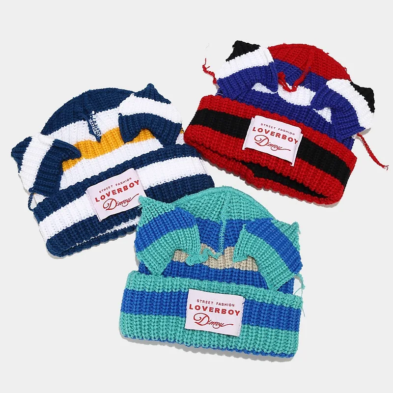 Winter And Autumn Fashion Cute Wholesale Warm Knitted Beanies With Ears Unisex Custom Logo Hats winter hats for men