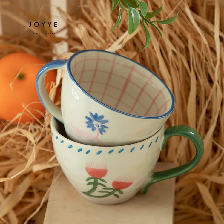 Joyye New Design Custom Handpainted Flower Pattern Under Glazed Ceramic Cup Mug 300ml Spring Summer Coffee Mug Set