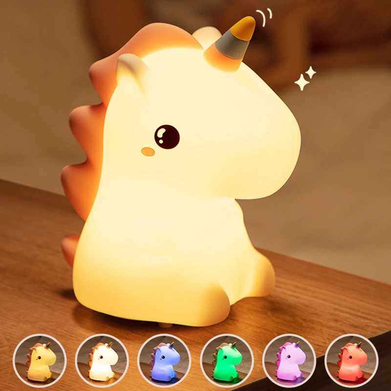 Cute Silicone Night Light Unicorn For Kids Led USB Rechargeable Cartoon Animal Dinosaur Bedroom Decor Touch Night Lamp For Gifts