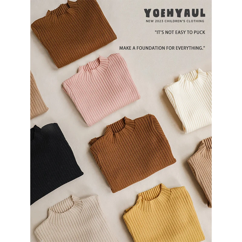 YOEHYAUL Q3174 Custom Logo Half Turtleneck Kids Sweaters Girls Cheap Price Retro Slim Fit Solid Elastic Sweater for Children