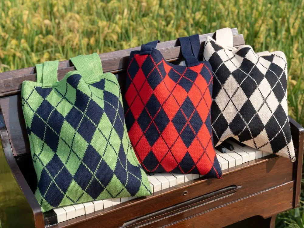 Japanese Quilted Rhombus Lattice Pattern Knitted Women Shoulder Bag Crochet Wool Korean Fashion Tote Shopping Bag
