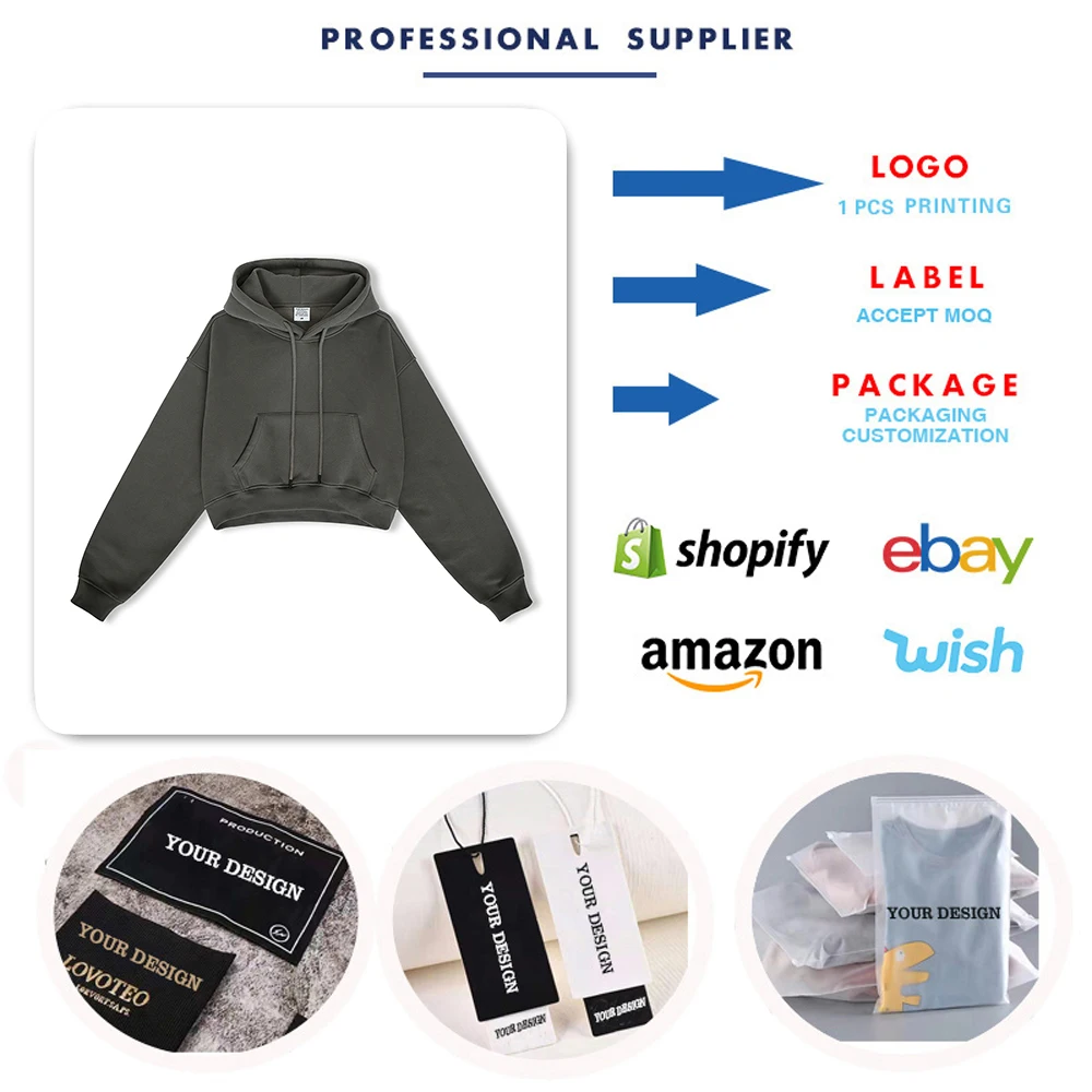 Custom Drop Shoulder Hoodies 345Gsm Cotton Fleece Cropped Top Hoodies For Women