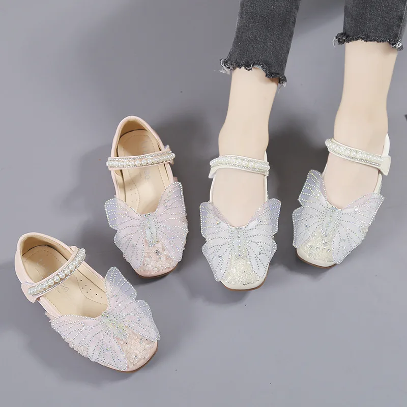  2021 new products girls sandals leather shoes rhinestone pearl butterfly children dance stage girl