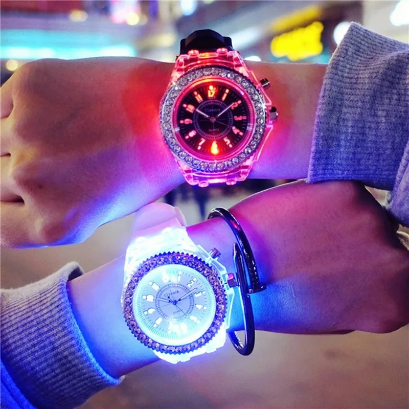 Fashion Rhinestone Big Dial Silicone Band Analog Watch Clear Case Quartz Watches LED Luminous For Kids Watch