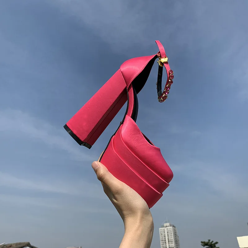 Hoslasen wholesale handmade thick platform and heel satin square toe high heel pumps women dress shoes