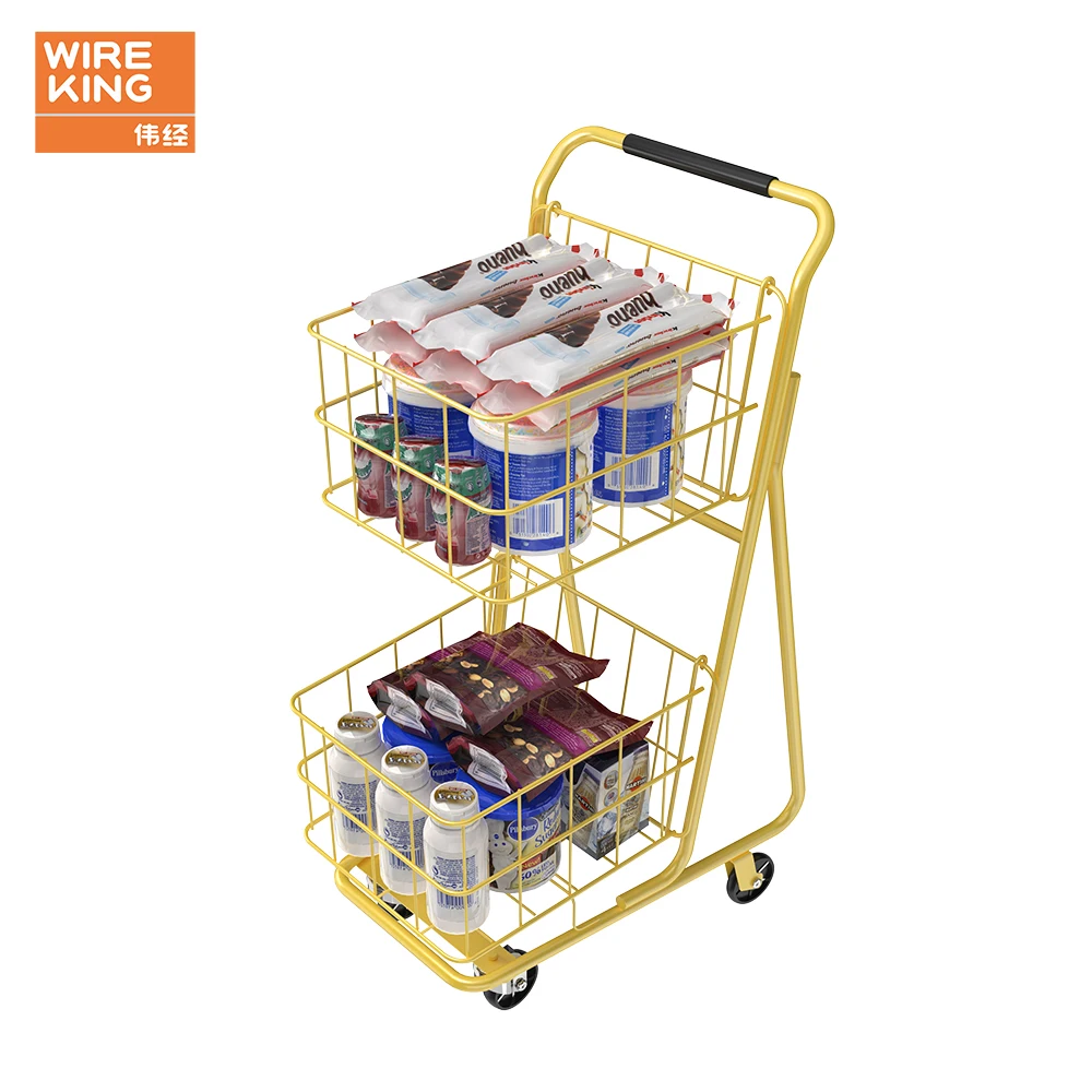 WIREKING Hot Sale Shopping Cart Metal Handle Shopping Trolley With Wheel 2-Layer basket Shopping Cart