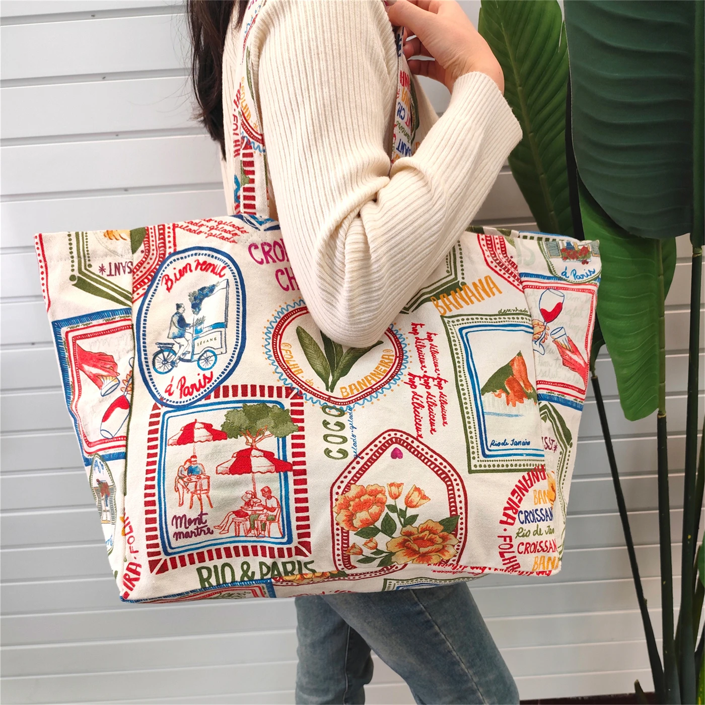 Fashion Large Capacity Hobo Bag Eco-friendly Canvas Shoulder Bag Foldable Cotton Shopping Tote Bag for Girls Sac Fourre-tout