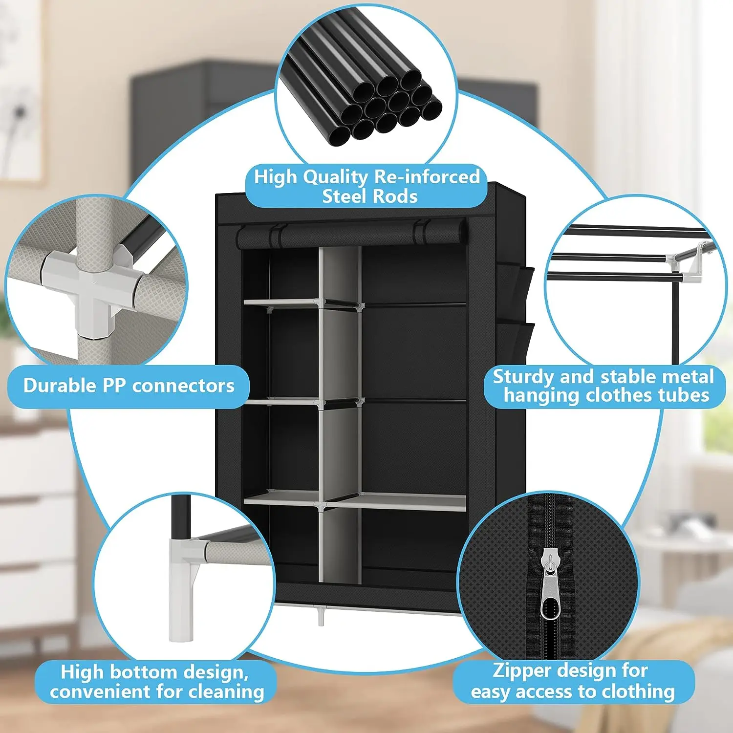 Wardrobe Portable Closet Wardrobe Clothes Storage with 6 Shelves and Hanging Rail,Non-Woven Fabric, Quick and Easy Assembly,Grey